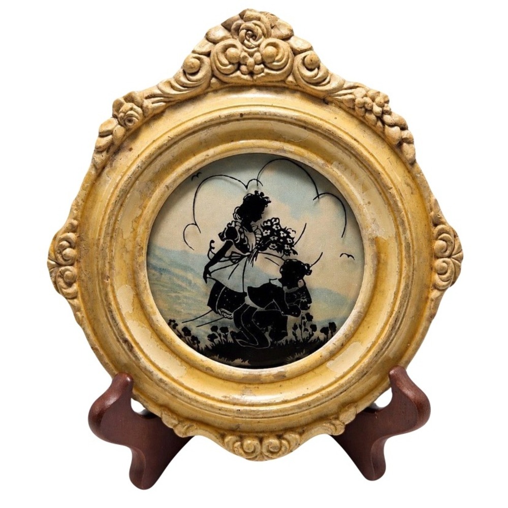 Vintage Reverse Glass Silhouette Boy Girl Convex Glass Chalkware Frame 7x6.25
